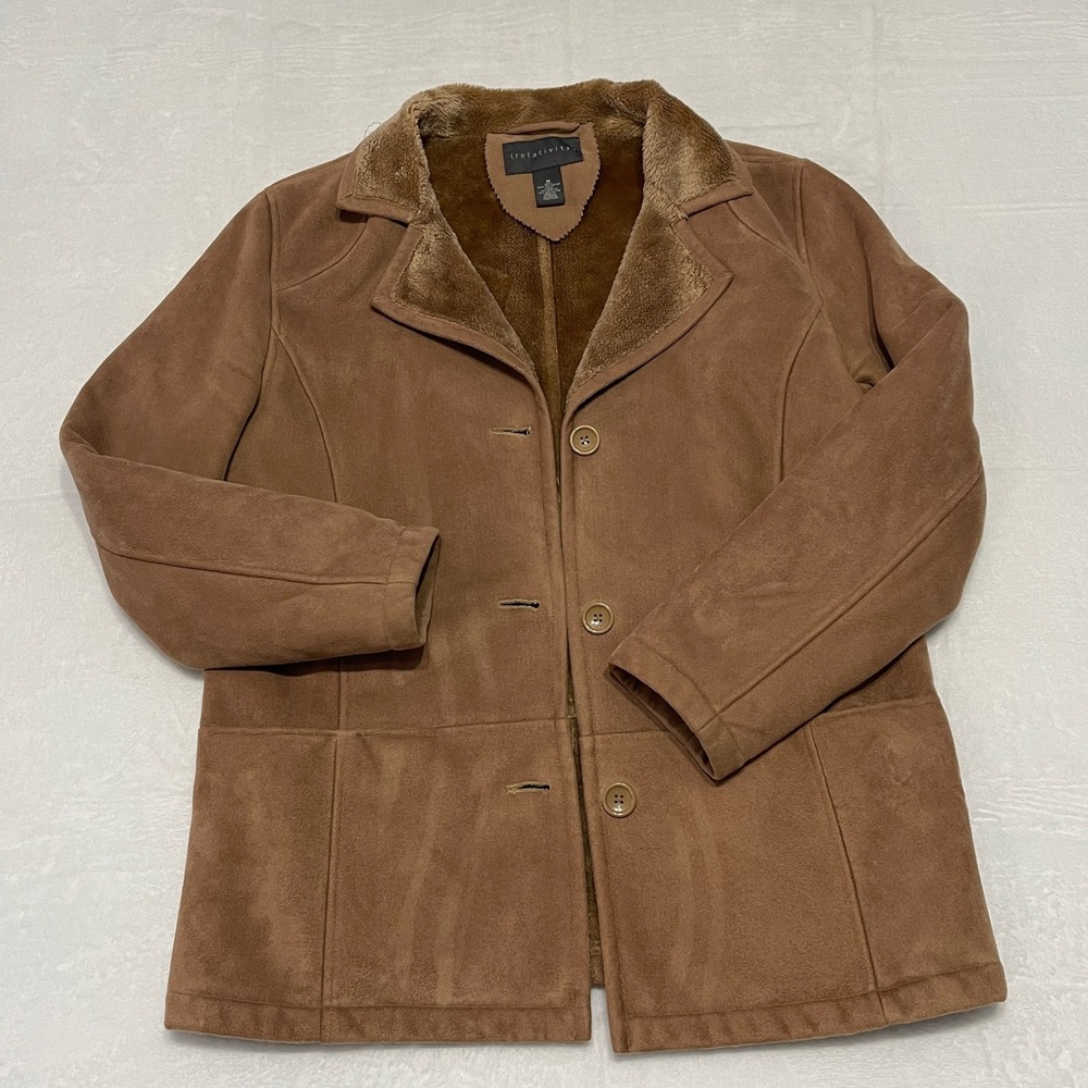 Relativity Women's Brown Faux Suede Sherpa Lined Jacket Coat Size Medium‎ Cozy